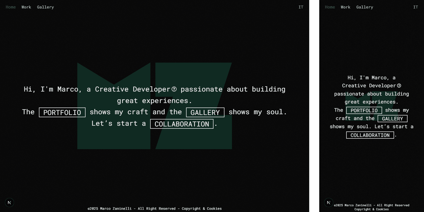 MZ homepage Pagina principale del sito con solo test e logo MZ sullo sfonzo.
