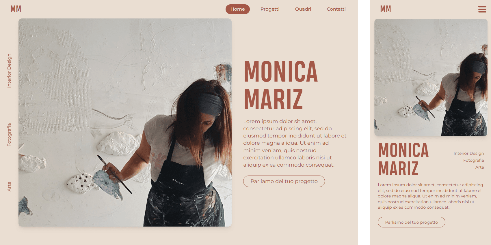 MM pagina principale hero Sezione hero del sito di monica con immagine principale decentrato sulla sinitra con Monica che pittura e titolo e descrizione sulla destra con bottone chiamata ad azione.